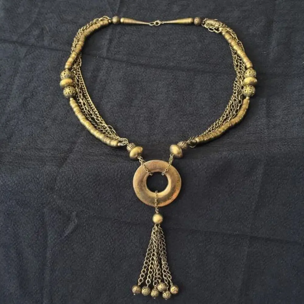 VNT Lariat Serpentine Tribal Statement Necklace Gold Multi Strand Tassel